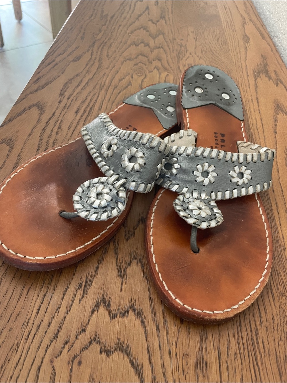 Palm Beach Sandals Gray Leather Floral Whipstitch Thong Sandals